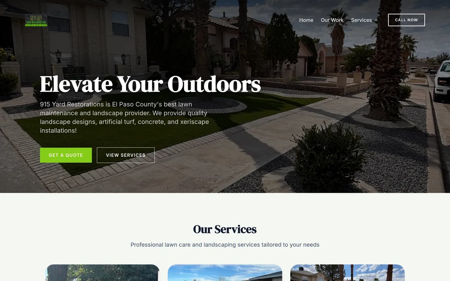 Homepage of 915 Yard Restorations, a landscaping site built on TradeEngine